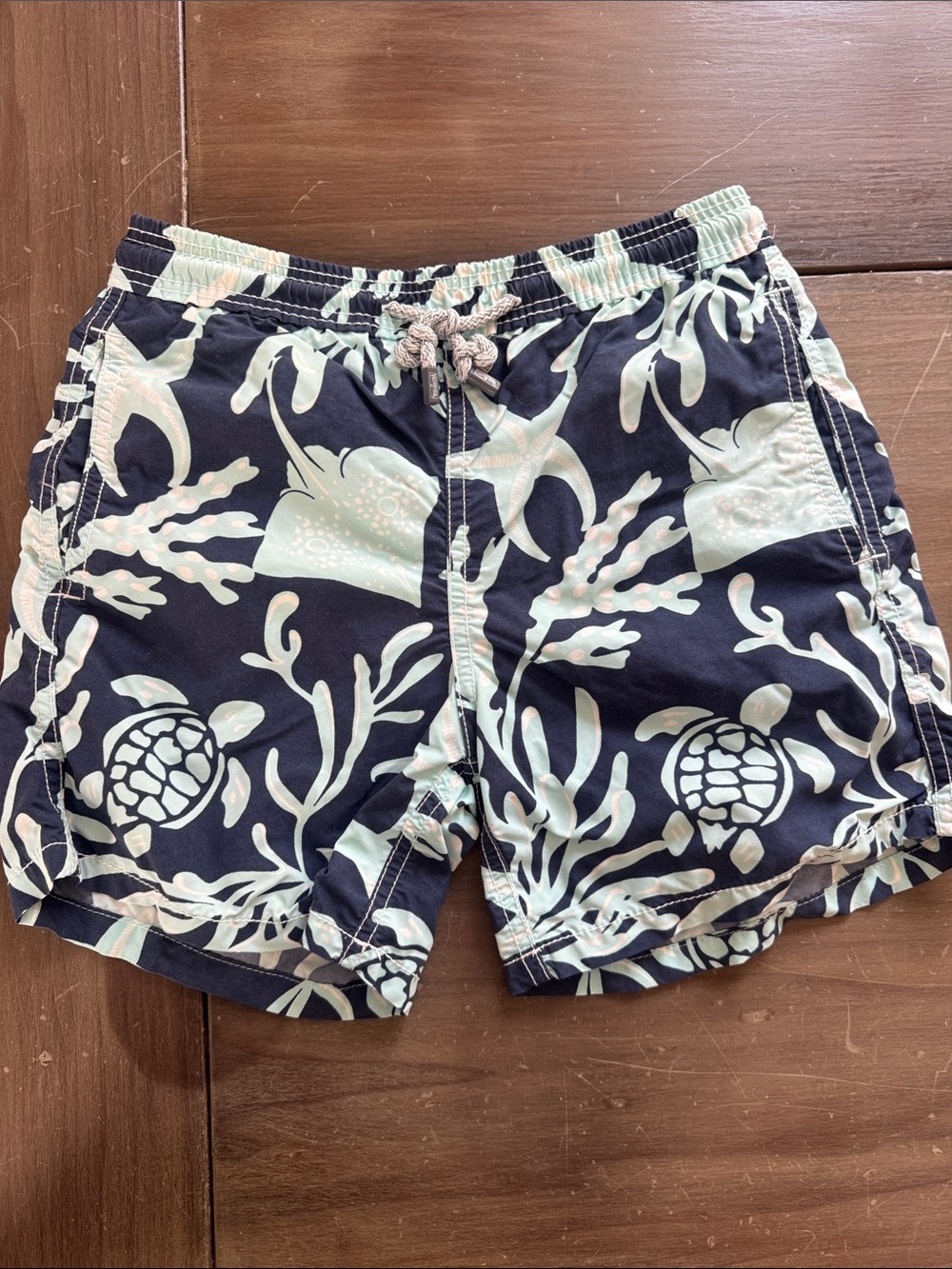 Vilebrequin Navy Swim Trunks with Light Aqua Sea Life Print